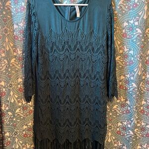 Studio 17 Teal Crochet Fringe Long Sleeve Dress
